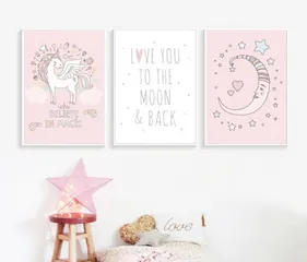 Bộ 3 Tranh Trang Trí Phòng Cho Bé Gái Tông Hồng Dễ Thương - Chống Ẩm Mốc, Kháng Nước, Chất Liệu Nhựa Formex