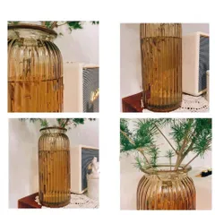 Lọ Hoa Thủy Tinh Hình Trụ Tròn Sọc Dọc Vintage - Trang Trí Nhà Cửa Sang Trọng, Đẹp Mắt 24cm x 10cm