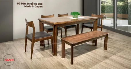 Bộ bàn ăn Akita 1M5 + 4 ghế + Bench gỗ óc chó nhập khẩu Bắc Mỹ - Thiết kế phong cách Nhật Bản, bền đẹp cho phòng bếp hiện đại
