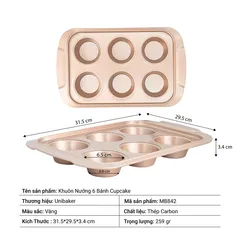 Khuôn Nướng Bánh Cupcake 6 Ô Chống Dính Unibaker MB842 - Dụng Cụ Nhà Bếp Chất Liệu Thép Carbon An Toàn, Phân Tán Nhiệt Đồng Đều