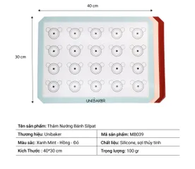 Thảm Nướng Bánh Silpat Unibaker MB040 - Silicone và Sợi Thủy Tinh Chịu Nhiệt - Kích Thước 40x60cm, Chống Dính Dễ Dàng Sử Dụng