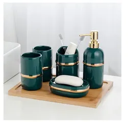 Bộ đồ dùng nhà tắm gốm sứ men xanh trơn viền vàng - Trang trí sang trọng cho không gian hiện đại