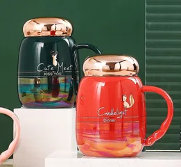 Cốc Sứ Vân Mây Có Nắp Vàng Hồng Ánh Kim - Trang Trí Bàn Học & Quà Tặng Độc Đáo, Dung Tích 380ml