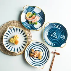 Đĩa sứ thuyền Nhật Bản phong cách Retro - Sứ xương cao cấp, miệng viền vàng kim trang trí, 4 x 23.5cm, phù hợp với lò vi sóng và máy rửa bát