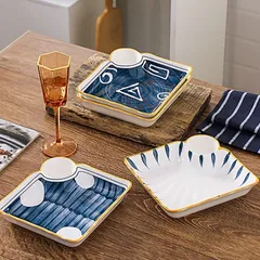 Đĩa Sứ Vuông Retro Có Ngăn Đựng Gia Vị - Thiết Kế Vintage Sang Trọng, Chất Liệu Sứ Xương Cao Cấp
