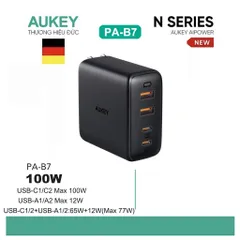 Củ Sạc Nhanh Aukey PA-B7 100W - Sạc Đồng Thời 4 Thiết Bị, Tương Thích iPhone 12 Pro Max, USB Type-C, Chính Hãng