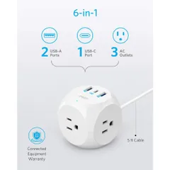 Ổ cắm điện Anker PowerStrip Cube PD3 524 - Sạc Nhanh Type C 30W và 6 Cổng USB, Bảo Vệ An Toàn, Thiết Kế Cube Tiện Dụng