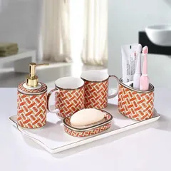 Bộ Đồ Dùng Nhà Tắm Sứ Cao Cấp - Cốc Đựng Bàn Chải Đánh Răng, Khay Xà Phòng, Lọ Nước Rửa Tay Đẹp Mắt, Họa Tiết Tinh Xảo