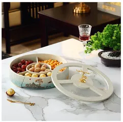 Khay tròn đựng bánh kẹo, mứt Tết nhiều ngăn họa tiết hươu - Trang trí sang trọng cho bàn phòng khách gia đình