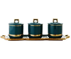 Bộ 3 Hũ Đựng Gia Vị Sứ Xanh Viền Vàng Cao Cấp - Sang Trọng, Bền Đẹp, Kèm Thìa và Khay Hứng Tiện Lợi cho Nhà Bếp