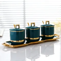 Bộ 3 Hũ Đựng Gia Vị Sứ Xanh Viền Vàng Cao Cấp - Sang Trọng, Bền Đẹp, Kèm Thìa và Khay Hứng Tiện Lợi cho Nhà Bếp