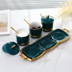 Bộ 3 Hũ Đựng Gia Vị Sứ Xanh Viền Vàng Cao Cấp - Sang Trọng, Bền Đẹp, Kèm Thìa và Khay Hứng Tiện Lợi cho Nhà Bếp