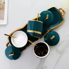 Bộ 3 Hũ Đựng Gia Vị Sứ Xanh Viền Vàng Cao Cấp - Sang Trọng, Bền Đẹp, Kèm Thìa và Khay Hứng Tiện Lợi cho Nhà Bếp