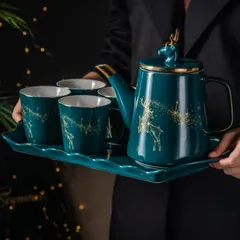 Bộ Ấm Chén Sứ Xanh Cao Cấp Họa Tiết Tuần Lộc - Sang Trọng, Lịch Sự, Quà Tặng Hoàn Hảo cho Gia Đình