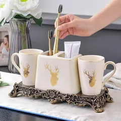Bộ Cốc Đánh Răng Gốm Sứ Hình Hươu - Bộ Đồ Trang Trí Phòng Tắm Sang Trọng, Thiết Kế Tinh Xảo, 4 Món Họa Tiết Độc Đáo