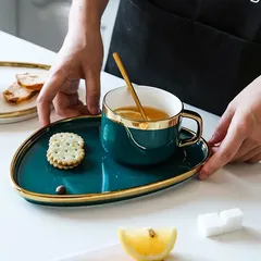 Cốc Sứ Uống Trà Cà Phê Viền Vàng Kèm Thìa & Đĩa Hứng - Chất Liệu Cao Cấp, Hợp Với Mọi Lứa Tuổi, Trang Trí Nhà Cửa Ấm Cúng