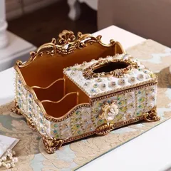 Hộp Đựng Giấy Có Ngăn Để Đồ Trang Trí Hoa Văn Đính Đá Sang Trọng - Phụ Kiện Nội Thất Độc Đáo Tạo Điểm Nhấn Không Gian