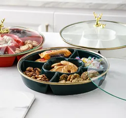 Khay Đựng Bánh Mứt Kẹo Tết Họa Tiết Đầu Hươu Vàng Sang Trọng - Thiết Kế Tiện Dụng, Chất Liệu Sứ Cao Cấp, Dùng Trang Trí Phòng Khách