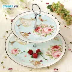 Khay Gốm Sứ 2 Tầng Đựng Bánh Kẹo Sang Trọng Họa Tiết Nhã Nhặn - Thiết Kế Độc Đáo Cho Tiệc Sinh Nhật, Lễ Tết