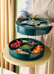 Khay Đựng Bánh Kẹo Sứ Xanh Viền Vàng  Họa Tiết Hươu Bắc Âu Cao Cấp - Sang Trọng Cho Bàn Tiệc Gia Đình