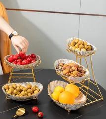 Khay sứ đựng bánh kẹo nhiều tầng vân đá viền vàng - Khay trang trí sang trọng cho bữa tiệc và không gian quán cà phê