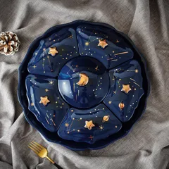 Khay Sứ Xoay 360 Độ Hoa Tiết Trăng Sao - Khay Đựng Bánh Kẹo Cao Cấp, Thiết Kế Đẹp, Chịu Lực Tốt, Bảo Quản Thực Phẩm Hợp Vệ Sinh