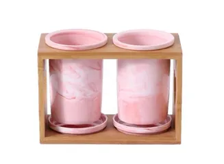 Set ống đựng đũa sứ hồng cao cấp kèm kệ gỗ và khay hứng nước - Dụng cụ nhà bếp đẹp mắt, sang trọng