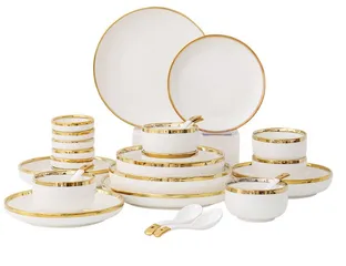 Bộ bát đĩa sứ cao cấp 26 món viền vàng - Thiết kế Bắc Âu sang trọng, chất liệu gốm sứ an toàn, hoàn hảo cho bữa tiệc và quà tặng.