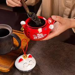 Hũ đựng trà hạt mứt bằng sứ hình mèo Thần Tài - Bình trà may mắn phong thủy trang trí bàn uống nước - Quà Tết độc đáo