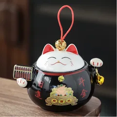Hũ đựng trà hạt mứt bằng sứ hình mèo Thần Tài - Bình trà may mắn phong thủy trang trí bàn uống nước - Quà Tết độc đáo