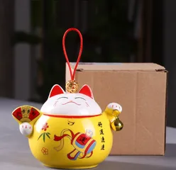 Hũ đựng trà hạt mứt bằng sứ hình mèo Thần Tài - Bình trà may mắn phong thủy trang trí bàn uống nước - Quà Tết độc đáo