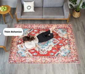 Thảm Trải Sàn Bohemian Cao Cấp TSL06 Ghome - Họa Tiết Retro Chất Liệu Cashmere Mềm Mại, Kích Thước Đa Dạng