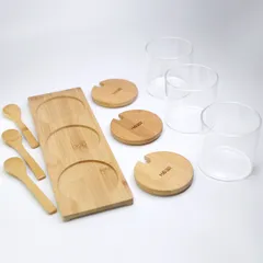 Bộ 3 Lọ Gia Vị Thủy Tinh Kèm Khay Gỗ - Dụng Cụ Nhà Bếp Sang Trọng, Bảo Quản Gia Vị Hiệu Quả từ Hobby Home Decor