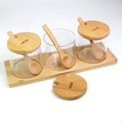 Bộ 3 Lọ Gia Vị Thủy Tinh Kèm Khay Gỗ - Dụng Cụ Nhà Bếp Sang Trọng, Bảo Quản Gia Vị Hiệu Quả từ Hobby Home Decor