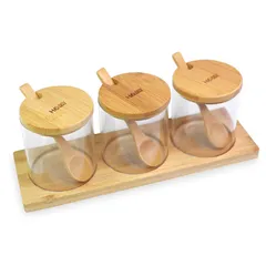 Bộ 3 Lọ Gia Vị Thủy Tinh Kèm Khay Gỗ - Dụng Cụ Nhà Bếp Sang Trọng, Bảo Quản Gia Vị Hiệu Quả từ Hobby Home Decor