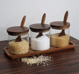 Combo 3 Hũ Gia Vị Thủy Tinh Kèm Khay Muỗng Hobby Home Decor HGV3D - Dụng Cụ Nhà Bếp Gọn Gàng, Tiện Lợi