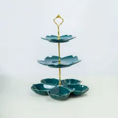 Đĩa Sứ 3 Tầng Trụ Kim Loại Ghome - Đồ Trang Trí Đựng Bánh Kẹo và Hoa Quả Sang Trọng, Thích Hợp Biếu Tặng Dịp Tân Gia