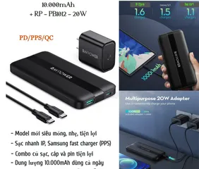 Pin sạc nhanh RAVPower 10000mAh RP-PB236 20W - Sạc dự phòng mỏng nhẹ, dung lượng lớn, sạc nhanh Type C công suất 20W