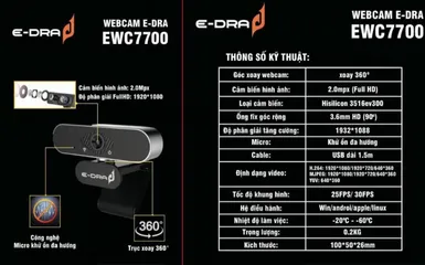 Webcam E-dra EWC7700 Full HD 1080P - Góc Nhìn Xoay 360 Độ, Micro Khử Ổn, Tốc Độ 25FPS/30FPS, Phụ Kiện Máy Tính Chất Lượng Cao
