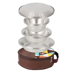 Bộ bát đĩa nhôm dã ngoại xếp gọn 16 chiếc với túi đựng - Đồ dùng cắm trại tiện lợi cho gia đình và chuyến đi ngoài trời