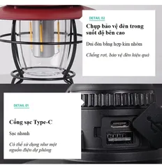 Đèn Cắm Trại Chiếu Sáng Ngoài Trời Pin Sạc Dáng Cổ Điển CLS - Bền Bỉ, Chống Gỉ, 3 Chế Độ Ánh Sáng - Phụ Kiện Dã Ngoại Hoàn Hảo