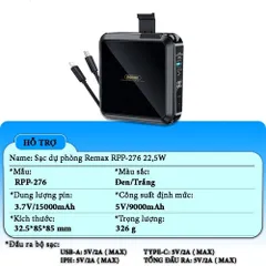 Sạc Dự Phòng Đa Năng Remax RPP-276 15000mAh - Thiết Kế Nhỏ Gọn, Chân Cắm AC, 2 Cổng USB & Type C, Phù Hợp Mọi Thiết Bị