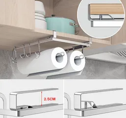 Giá treo 2 cuộn giấy bếp gắn tủ bếp Inox 304 - Tiện ích trang trí nhà bếp Hobby Home Decor kèm 8 móc treo đồ hữu dụng