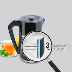 Ấm siêu tốc Kalpen KK33 1.7L - Thiết kế 3 lớp chống nóng, công suất 2200W, đun sôi nhanh chóng, tiện lợi cho pha trà và cà phê