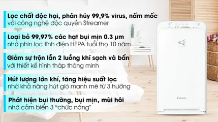 Máy Lọc Không Khí Daikin MC40UVM6 - Cảm Biến 3 Chức Năng, Công Suất 23W, Phù Hợp Diện Tích 31m2, Lọc Bụi, Khử Mùi Hiệu Quả