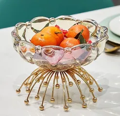 Khay Thủy Tinh Pha Lê Đựng Trái Cây Đế Kim Loại Mạ Vàng - Phong Cách Châu Âu Sang Trọng, Trang Trí Tiệc Cưới và Bàn Ăn