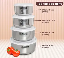 Bộ 4 Thố Inox 304 Zebra Thái Lan Có Nắp Đậy - Dụng Cụ Đựng Thực Phẩm Cao Cấp, An Toàn Sức Khỏe, Thích Hợp Cho Nấu Ăn và Trộn Salad