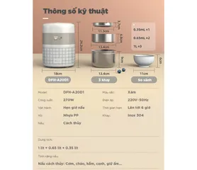 Hộp cắm cơm điện tử 3 tầng Bear DFH-A20D1 có hẹn giờ 2L - Giữ nhiệt, hấp, nấu chín tiện lợi cho gia đình