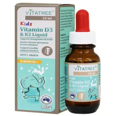 Vitatree Kids Vitamin D3 & K2 Liquid - Hỗ Trợ Hấp Thụ Canxi Cho Trẻ - Bổ Sung Vitamin D3 K2 Giúp Phát Triển Chiều Cao 20ml
