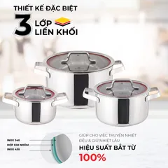 Bộ 3 Nồi Inox 3 Lớp Kalpen Emer EM1 - Dụng Cụ Nấu Ăn Đa Năng Cho Gia Đình, Kích Thước 16cm, 20cm, 24cm